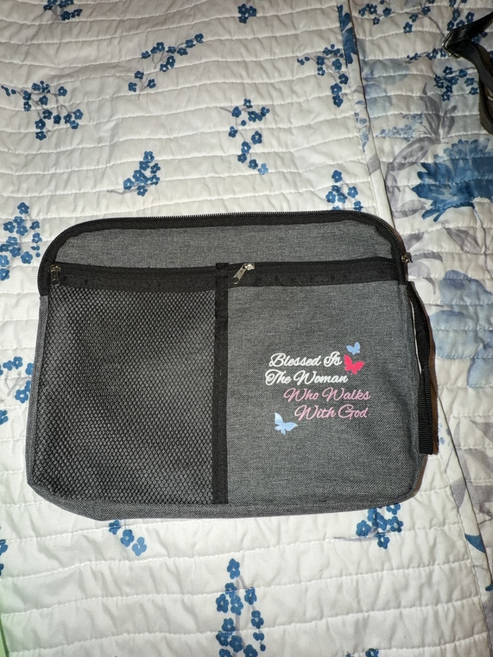 Gray Inspirational Zippered Organizer Pouch/ Bible Bag with Mesh Pocket